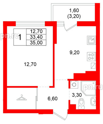 Квартира в ЖК Левада, 1 комнатная, 33.4 м², 9 этаж