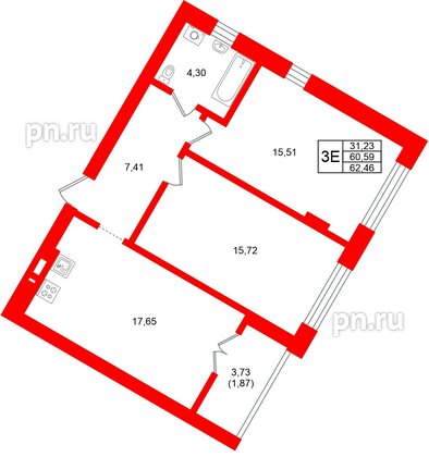 Квартира в ЖК «Включи», 2 комнатная, 62.46 м², 3 этаж