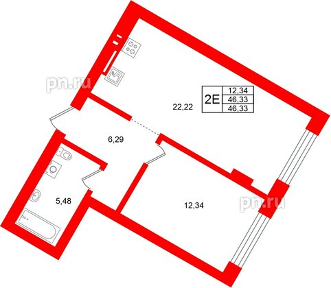 Квартира в ЖК «Включи», 1 комнатная, 46.33 м², 1 этаж