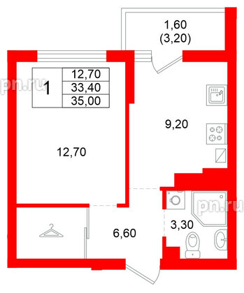 Квартира в ЖК Левада, 1 комнатная, 33.4 м², 6 этаж