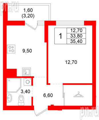 Квартира в ЖК Левада, 1 комнатная, 33.8 м², 1 этаж