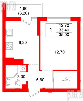 Квартира в ЖК Левада, 1 комнатная, 33.4 м², 8 этаж