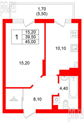 Квартира в ЖК Левада, 1 комнатная, 39.5 м², 4 этаж