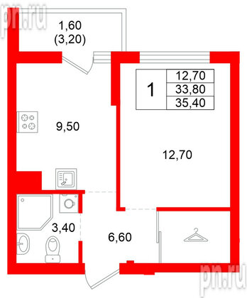 Квартира в ЖК Левада, 1 комнатная, 33.8 м², 1 этаж