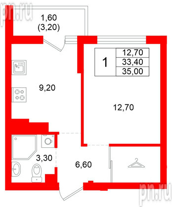 Квартира в ЖК Левада, 1 комнатная, 33.4 м², 3 этаж