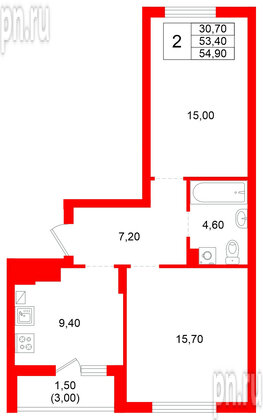Квартира в ЖК Левада, 2 комнатная, 53.4 м², 4 этаж