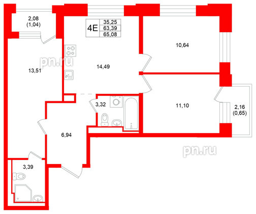 Квартира в ЖК «Кольский», 3 комнатная, 65.08 м², 6 этаж