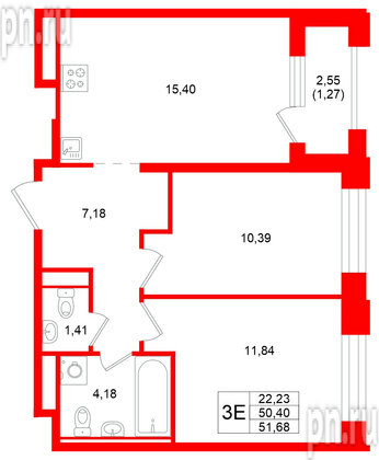 Квартира в ЖК «Кольский», 2 комнатная, 51.68 м², 14 этаж