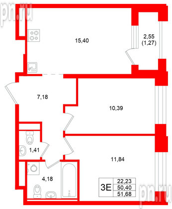Квартира в ЖК «Кольский», 2 комнатная, 51.68 м², 15 этаж