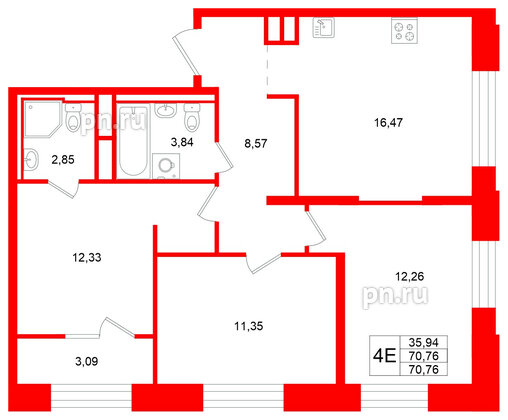Квартира в ЖК «Кольский», 3 комнатная, 70.76 м², 3 этаж