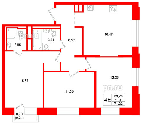 Квартира в ЖК «Кольский», 3 комнатная, 71.22 м², 15 этаж
