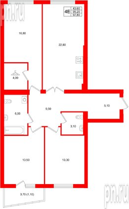 Квартира в ЖК «Кислород О2», 3 комнатная, 95.2 м², 3 этаж
