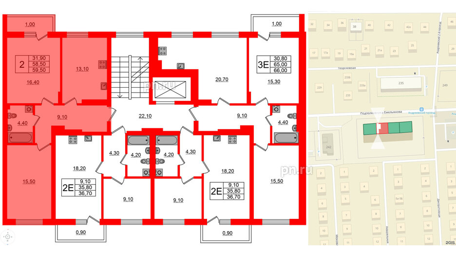 Квартира в ЖК Астория, 2 комнатная, 59.5 м², 3 этаж