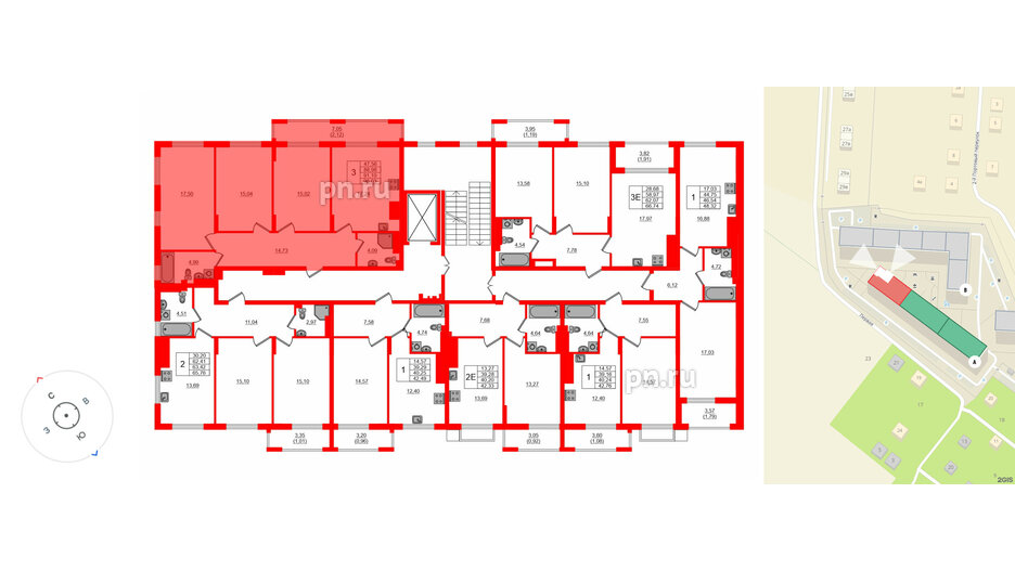 Квартира в ЖК «АЭРО», 3 комнатная, 91.1 м², 3 этаж