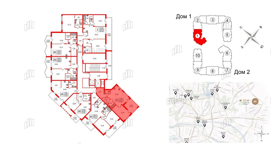 Квартира в ЖК «Вдохновение» ЭКОквартал «Русская Европа», 1 комнатная, 65 м², 11 этаж