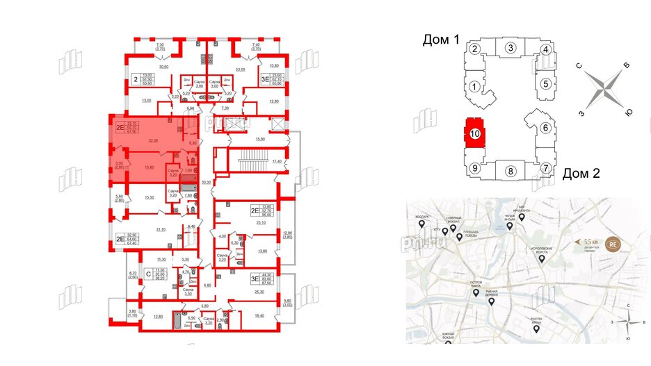 Квартира в ЖК «Вдохновение» ЭКОквартал «Русская Европа», 2 комнатная, 67.9 м², 10 этаж