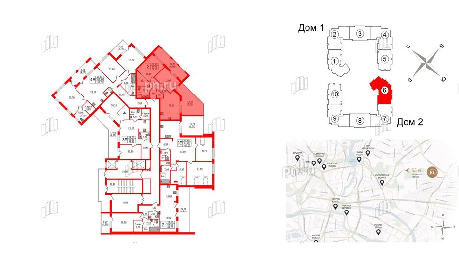 Квартира в ЖК «Вдохновение» ЭКОквартал «Русская Европа», 2 комнатная, 73.2 м², 9 этаж