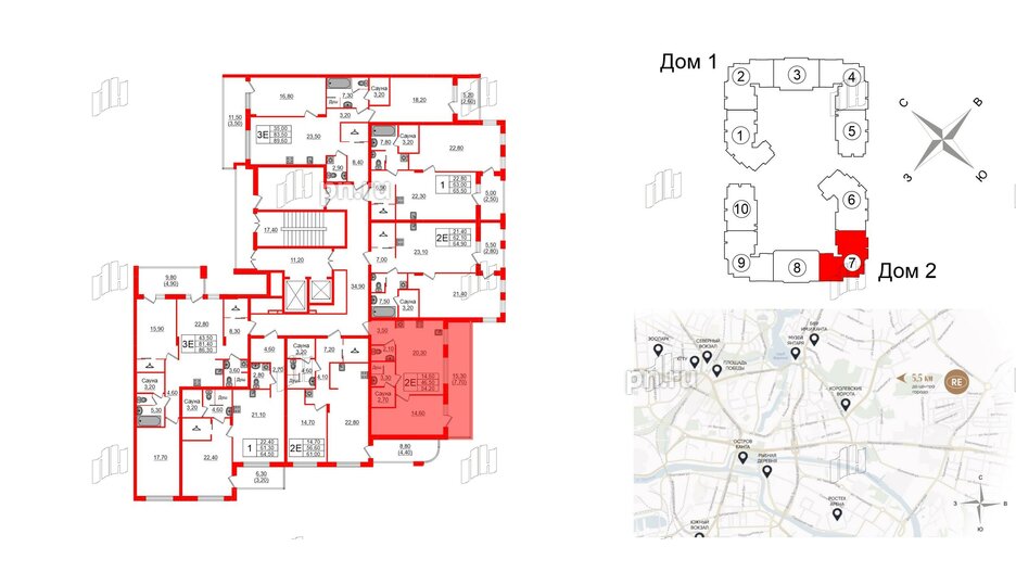 Квартира в ЖК «Вдохновение» ЭКОквартал «Русская Европа», 1 комнатная, 54.2 м², 7 этаж