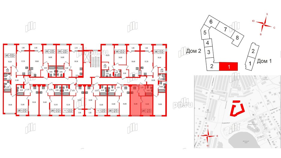 Квартира в ЖК «Дом на Красной», 1 комнатная, 38.1 м², 2 этаж