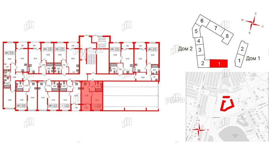Квартира в ЖК «Дом на Красной», 1 комнатная, 35.8 м², 1 этаж