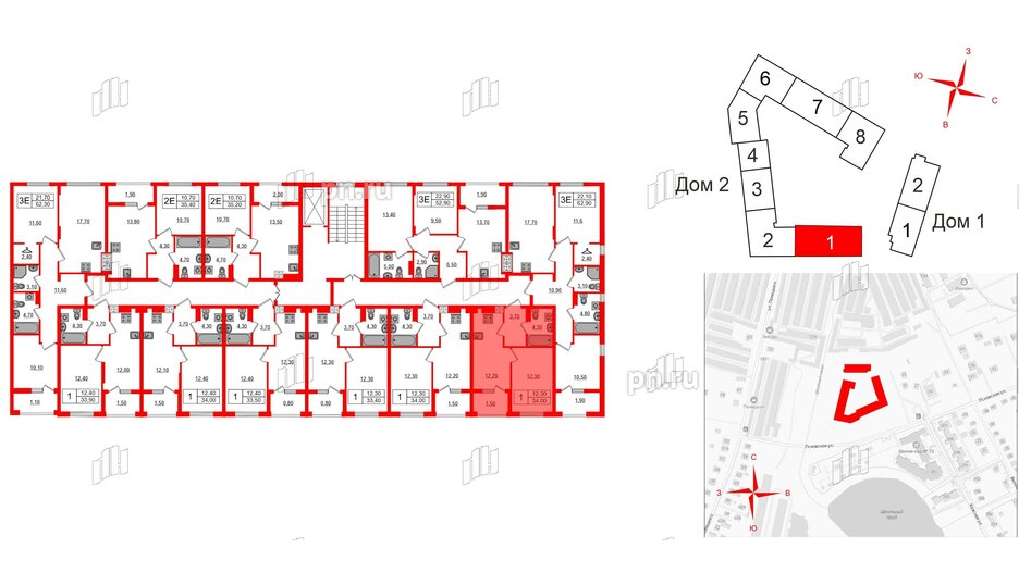 Квартира в ЖК «Дом на Красной», 1 комнатная, 34 м², 8 этаж