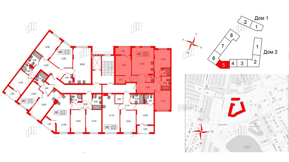 Квартира в ЖК «Дом на Красной», 3 комнатная, 85 м², 2 этаж