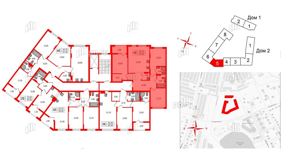 Квартира в ЖК «Дом на Красной», 3 комнатная, 84.8 м², 6 этаж