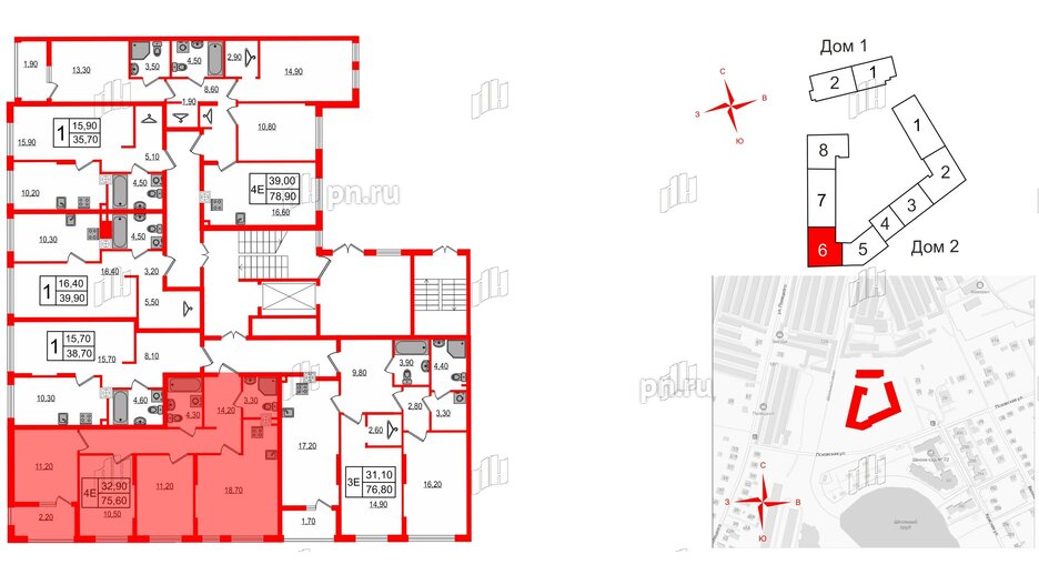 Квартира в ЖК «Дом на Красной», 3 комнатная, 75.6 м², 1 этаж