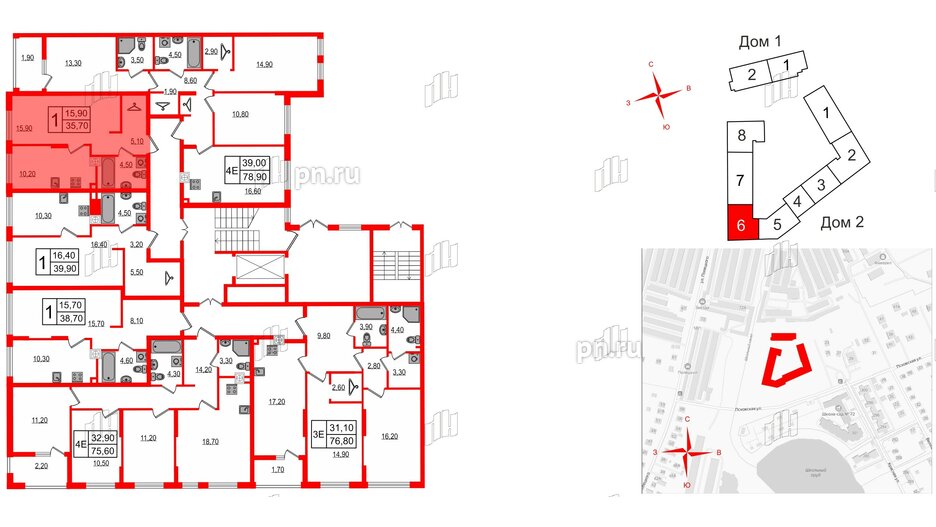 Квартира в ЖК «Дом на Красной», 1 комнатная, 35.7 м², 1 этаж