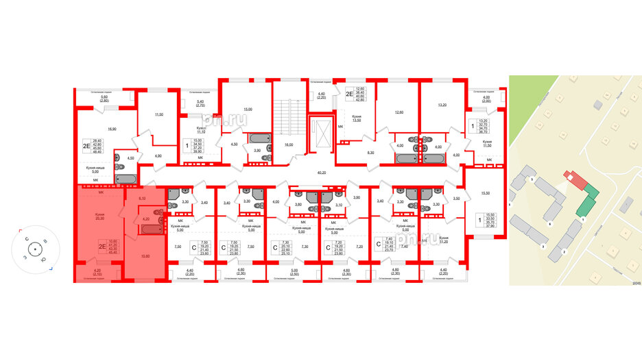 Квартира в ЖК Кроны и Волны, 1 комнатная, 43.3 м², 2 этаж