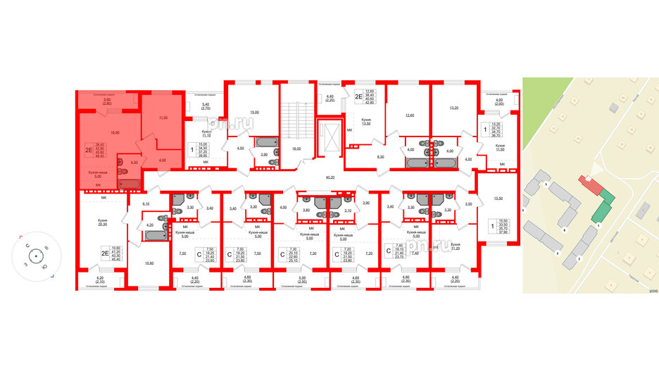 Квартира в ЖК Кроны и Волны, 2 комнатная, 45.6 м², 2 этаж