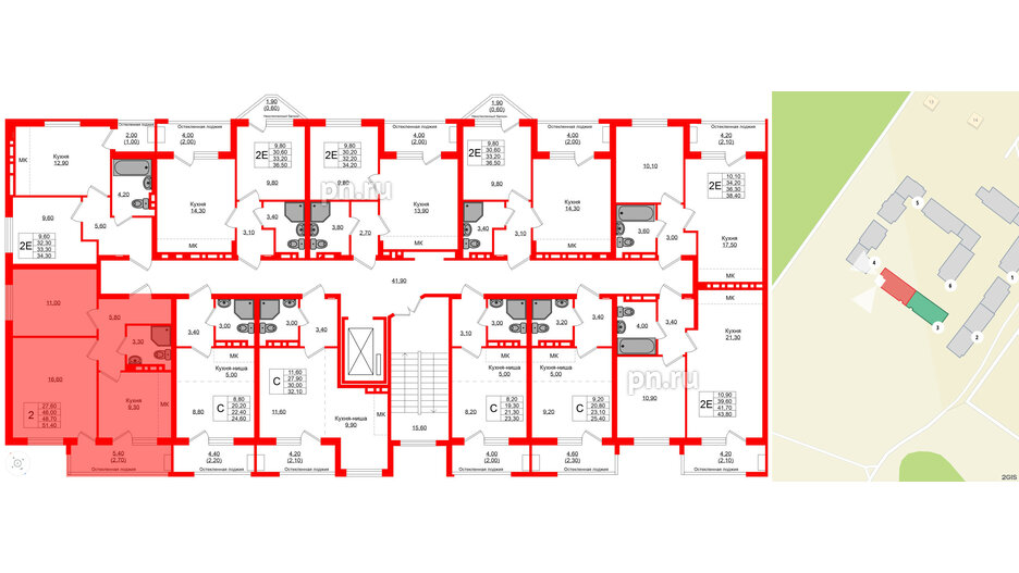 Квартира в ЖК Кроны и Волны, 2 комнатная, 48.7 м², 2 этаж