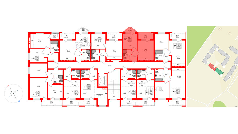Квартира в ЖК «Кроны и Волны», 1 комнатная, 33.2 м², 2 этаж