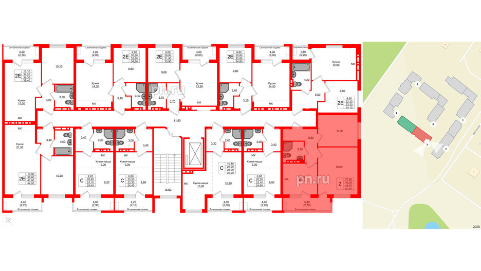 Квартира в ЖК Кроны и Волны, 2 комнатная, 48.7 м², 2 этаж