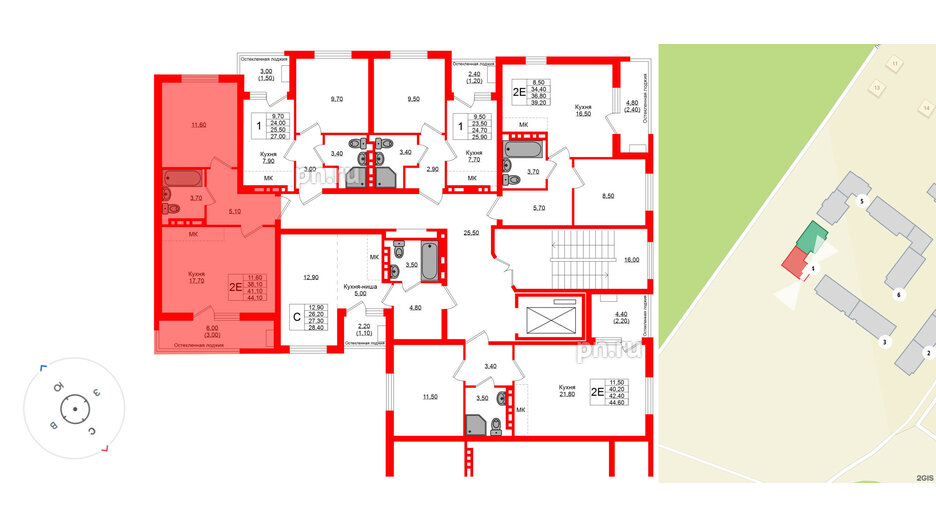 Квартира в ЖК Кроны и Волны, 1 комнатная, 41.1 м², 2 этаж