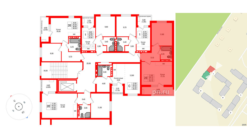 Квартира в ЖК Кроны и Волны, 1 комнатная, 41.1 м², 2 этаж