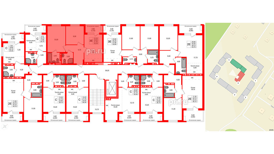 Квартира в ЖК Кроны и Волны, 2 комнатная, 51.6 м², 2 этаж
