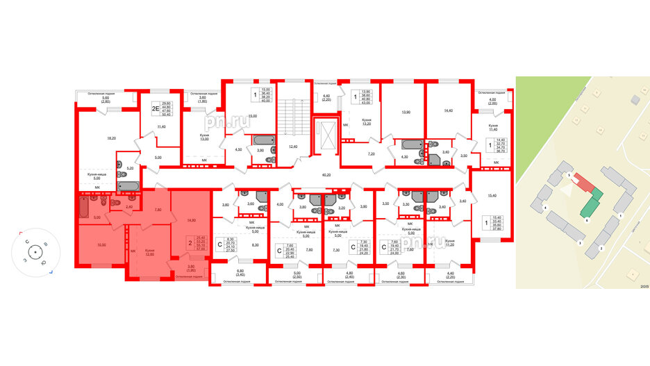 Квартира в ЖК Кроны и Волны, 2 комнатная, 55.1 м², 4 этаж