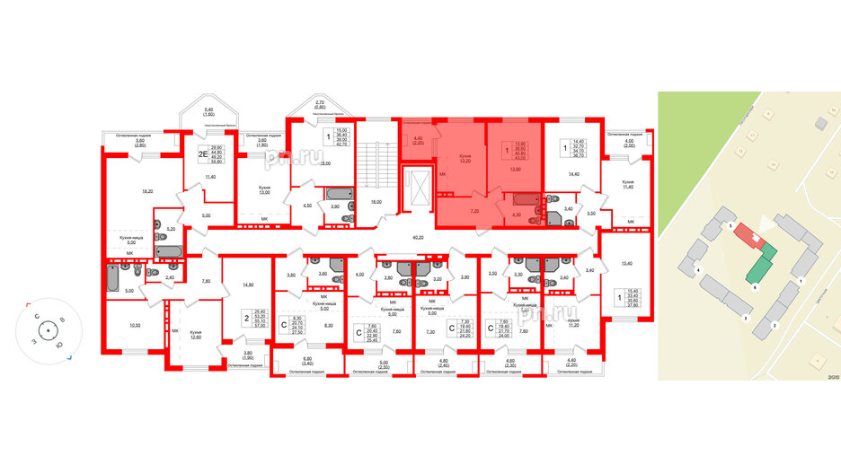 Квартира в ЖК Кроны и Волны, 1 комнатная, 40.8 м², 2 этаж