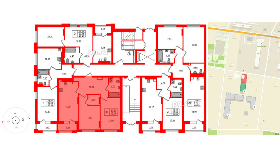 Квартира в ЖК «Новая история», 2 комнатная, 58.85 м², 1 этаж