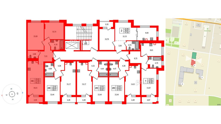 Квартира в ЖК «Новая история», 2 комнатная, 60.24 м², 2 этаж