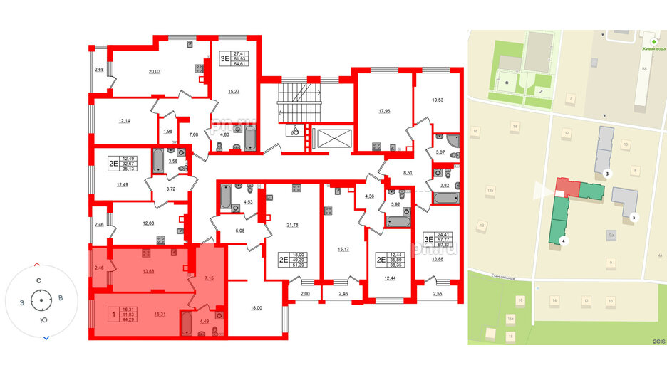 Квартира в ЖК «Новая история», 1 комнатная, 44.29 м², 3 этаж