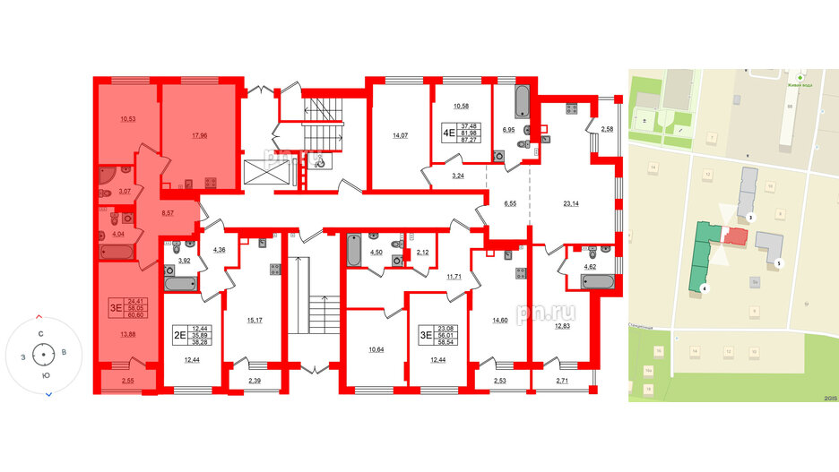 Квартира в ЖК «Новая история», 2 комнатная, 60.6 м², 1 этаж