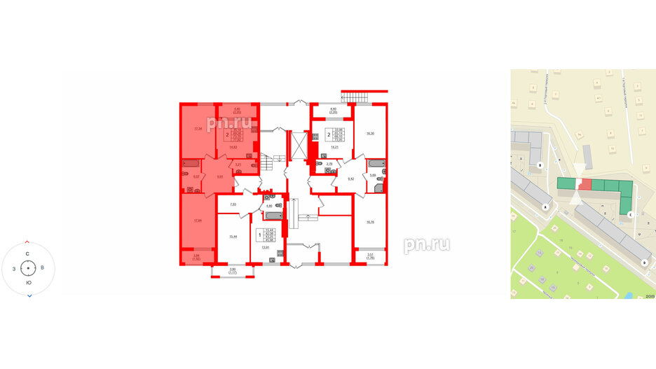 Квартира в ЖК «АЭРО», 2 комнатная, 73.7 м², 1 этаж