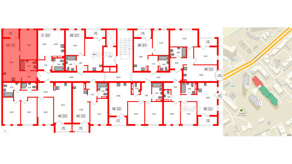 Квартира в ЖК Гагарина 30, 1 комнатная, 45.7 м², 2 этаж