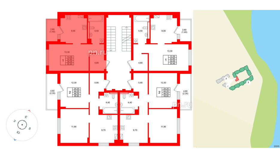 Квартира в ЖК Виридиан, 1 комнатная, 34 м², 3 этаж