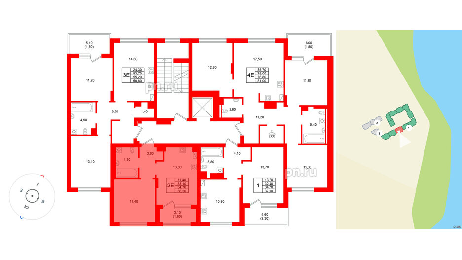 Квартира в ЖК Виридиан, 1 комнатная, 34.7 м², 2 этаж