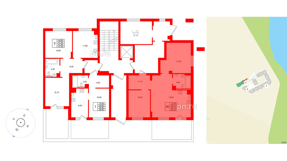Квартира в ЖК Виридиан, 1 комнатная, 60.1 м², 1 этаж