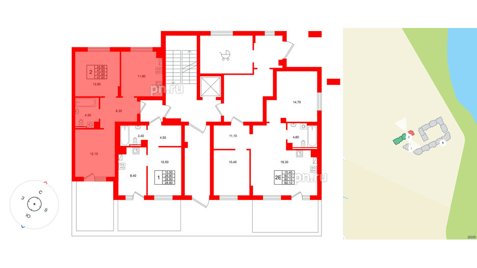 Квартира в ЖК Виридиан, 2 комнатная, 47.5 м², 1 этаж