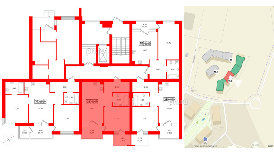 Квартира в ЖК Морена, 1 комнатная, 46.3 м², 1 этаж